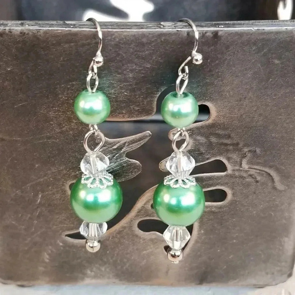 Artisan Glossy Green Glass Pearl Clear Crystal Silver Plated Dangle Earrings - Picture 1 of 4